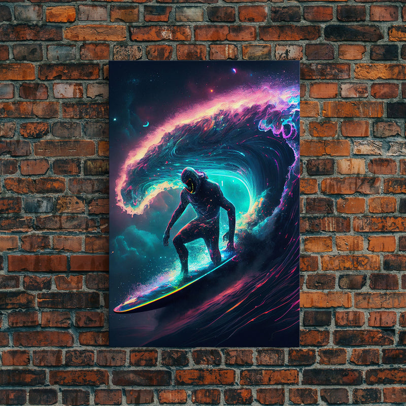 Astronaut surfing the stars, Cosmic Surfer, Galaxy Art, framed canvas print, unique colorful wall art