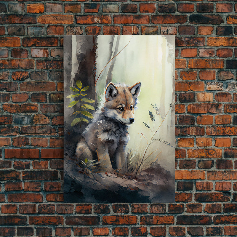 Watercolor of a wolf pup, framed canvas print