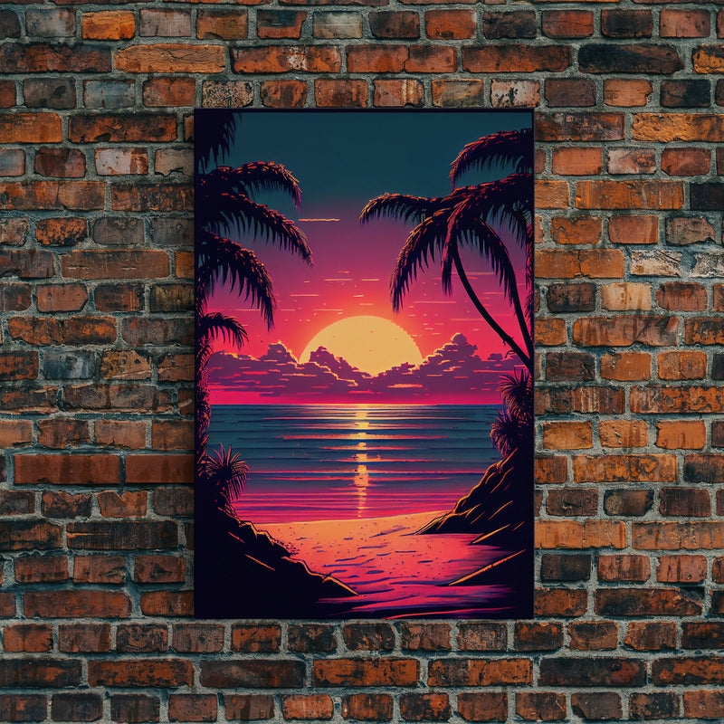 8 bit pixel art sunset, synthwave style palm tree beach, framed canvas print, framed wall art painting