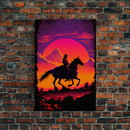 Outrun Style Wildwest Sunset Art, Framed canvas print, framed wall art, retro style western decor