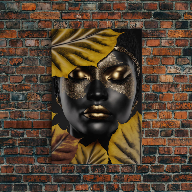 Beautiful Woman Art Framed Canvas Print Black Gold Woman Wall Art Lady Print, Gold Face Leaves Palm decor ready to hang Ethnic girl portrait