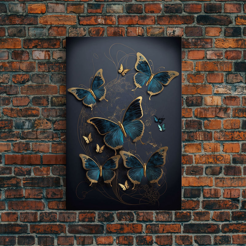 Blue Butterflies Canvas Print Wall Art, Blue and Gold Butterfly Canvas Painting, Butterfly Wall Decor, Home Gift, ready to hang decor