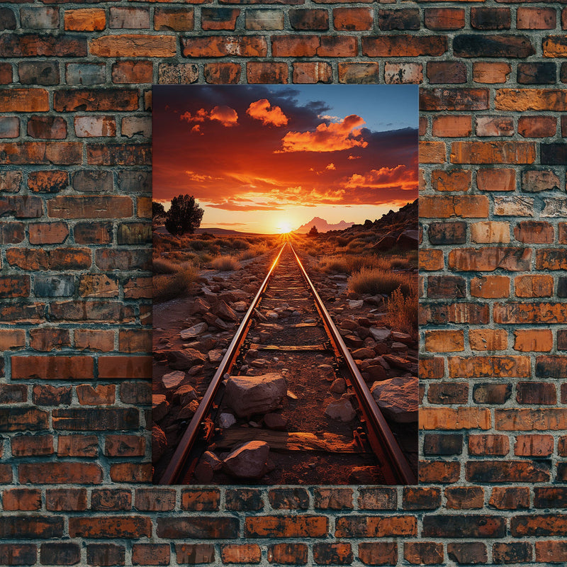 Abandoned Train Tracks Somewhere In The Arizona Desert, Framed Canvas Print, Western Decor