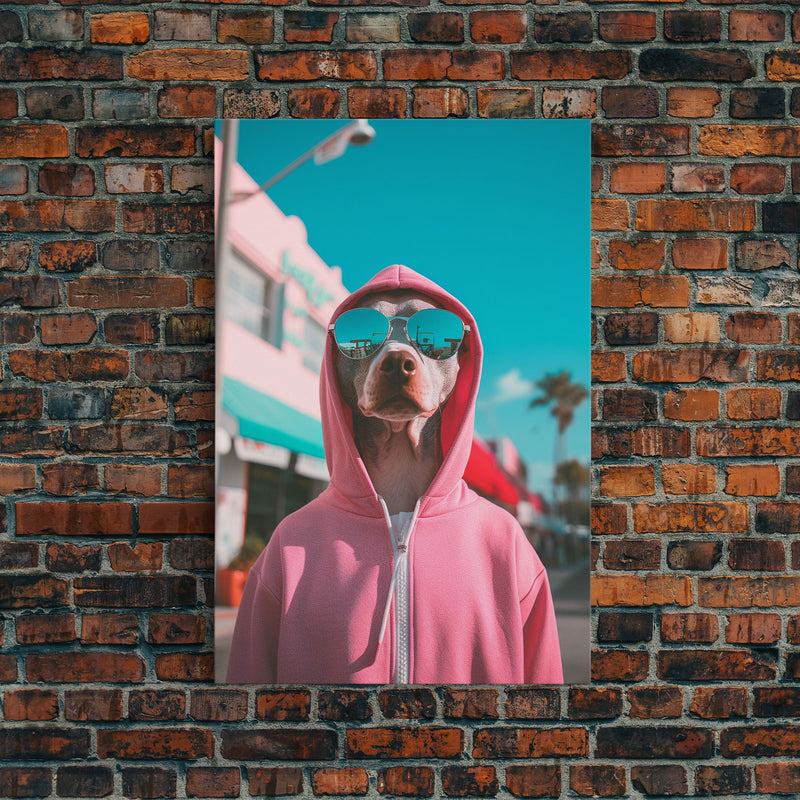 Whippet In Pink Hoodie Sunglasses Wall Print, Dog Art, Dog Portrait, Dog Art Print, Framed Wall Art, Framed Canvas, Wall Print, Wall Canvas