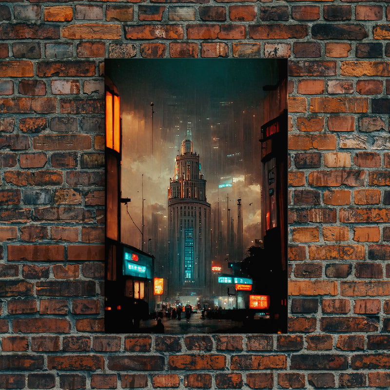 Art Deco Cyberpunk Cityscape Canvas Print, Scifi art, cool wall art for mancave, dystopian art, architecture