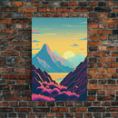 Peach Sunset, Fantasy Mountain Landscape Art, Framed Canvas Print, Minimalist Art Deco Inspired Wall Art