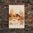 Boho Style Desert Art, Framed Canvas Print, Pueblo Style Cactus and Desert Landscape Art