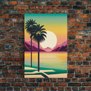 Framed Canvas Print - Art Deco Sunset Scene - Mountains, Palmtrees & Beaches - Retro Style Art - Living Room Decor