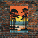 Vintage Style Art, Framed Canvas Prints, Lake and Pine Tree Forest Landscape, Florida Everglades at Sunset