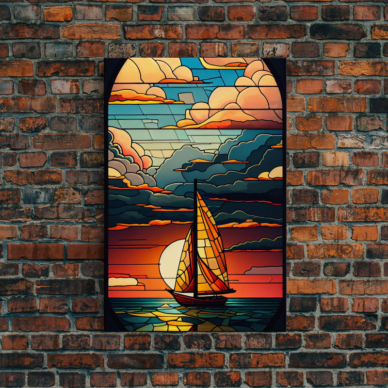 Art Deco Wall Art, Sailboat and Sunset Framed Canvas Print, Art Deco / MCM Wall Art, Stained Glass Reflections