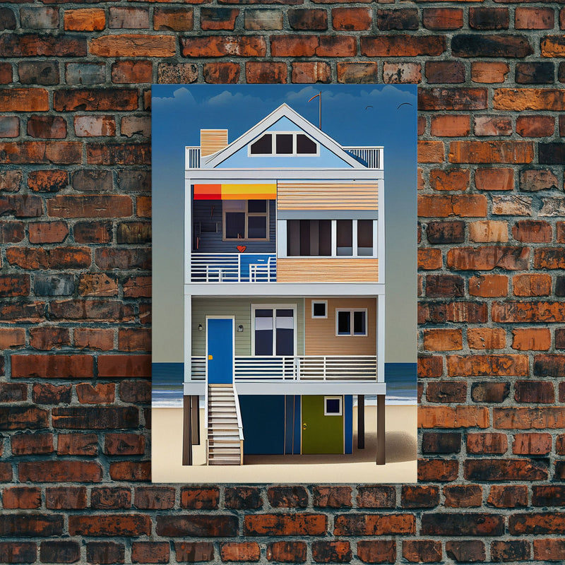 Whimsical Beach House Art, Framed Canvas Print, Cute Retro Beach House Painting, Wall Art