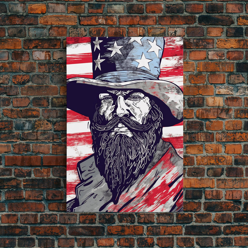 Wild West Uncle Sam Portrait, Patriotic Art, Framed Canvas Print, Stars and Stripes, Wall Art, Wild West Decor