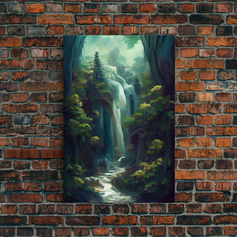 Waterfall canvas print, fantasy wall art, watercolor print, high fantasy, nature landscape living room wall art