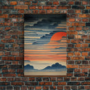 Japanese style wall art, sunrise over the mountains, canvas print, woodblock print style art, Hokusai style wall art