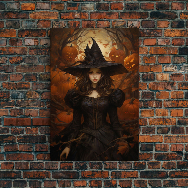 Beautiful Gothic Witch Art, Framed Halloween Canvas, Canvas Print, Spooky Halloween Wall Art, Halloween Deco, Witchy Art Pumpkin Patch Witch