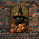Cute Witch's Familiar Cat Halloween Art, Cat Witch, Cat Painting, Cute Cat Print, Halloween Decor, Black Cat Print, Framed Canvas / Canvas