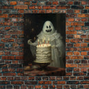 The Ghost And The Cake, Funny Halloween Art, Framed Canvas Print