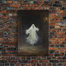 The Haunted Library, Spooky Gothic Victorian Ghost, Halloween Decor, Framed Canvas Print, Halloween Canvas Art