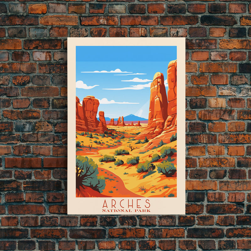 Arches National Park, Framed Wall Art Canvas Print, Travel Poster, Travel Art, Roadtrip Decor, Cool Wall Art, Retro State Park Art