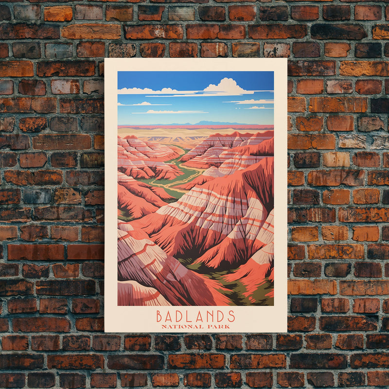 Badlands National Park, Framed Wall Art Canvas Print, Travel Poster, South Dakota Travel Art, Roadtrip Decor, Cool Art, Retro State Park Art