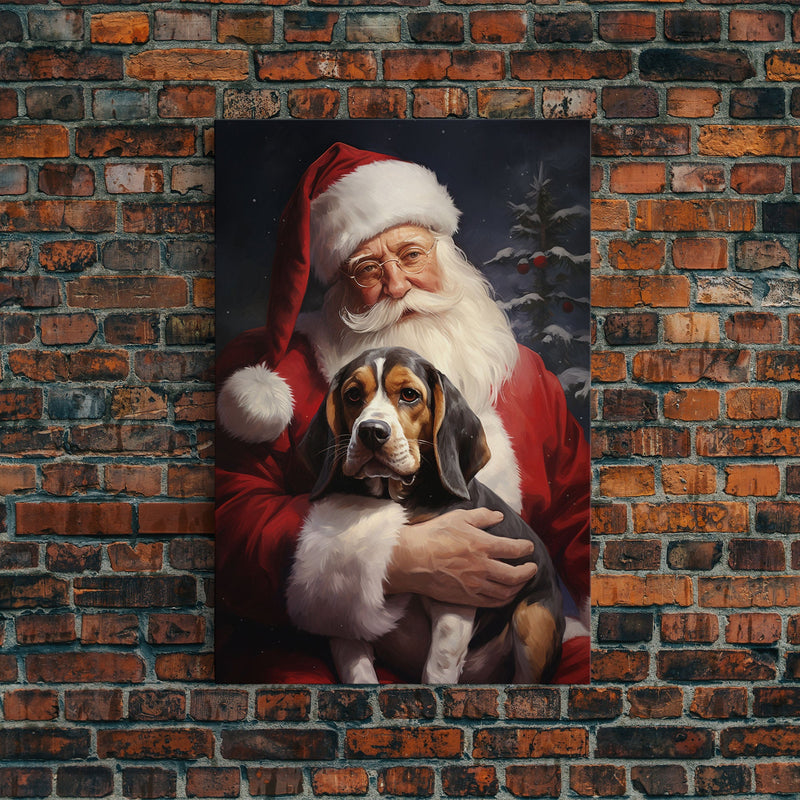 Santa Claus and his Beagle, Cute Dog Art, Framed Canvas Print, Christmas Art, Christmas Decor, Christmas Art Print, Christmas Wall Art