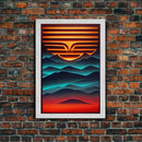Retro Landscape Mountains Sunrise Sunset Colorful Fine Art Print, Red Blue Yellow Wall Poster