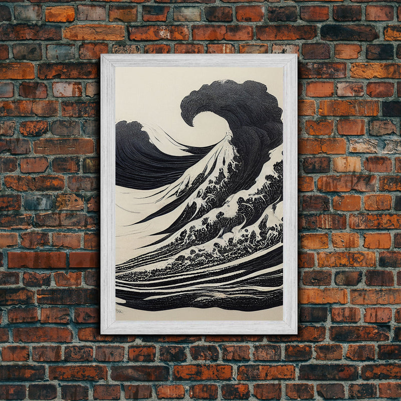 Black and White Tsunami Waves, Japanese Style Art, Framed Canvas Print, Ready To Hang Framed Wall Art, Living Room Wall Decor