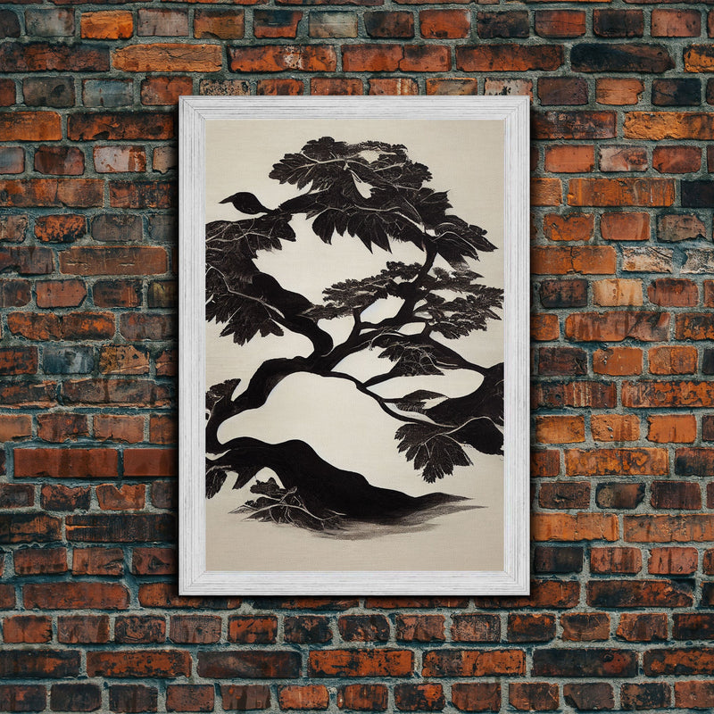 Black and White Bonsai Tree, Framed Canvas Print, Ready To Hang Framed Wall Art, Living Room Wall Hanging