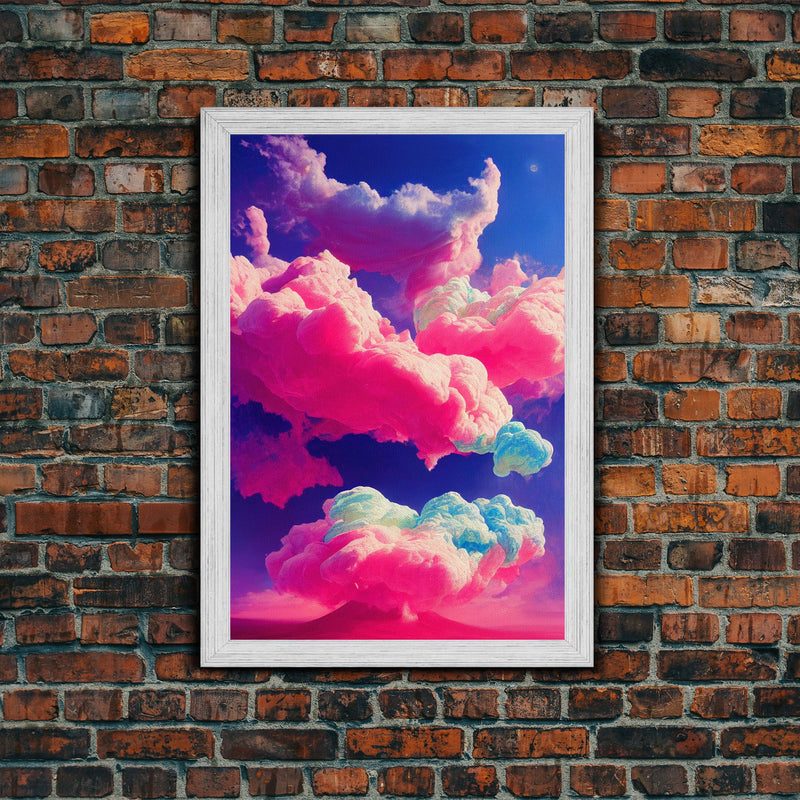 Bubble Gum Clouds, Trippy Psychedelic Surrealist Cloud Art, Framed Canvas Print, Ready To Hang Framed Wall Art