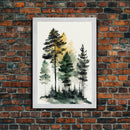 Watercolor pine tree forest, framed canvas print, cool wall art