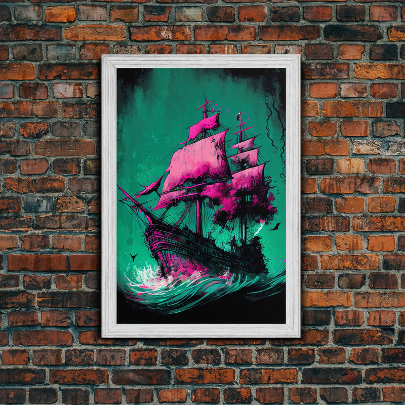 Watercolor of a haunted ghost pirate ship, framed canvas print wall art