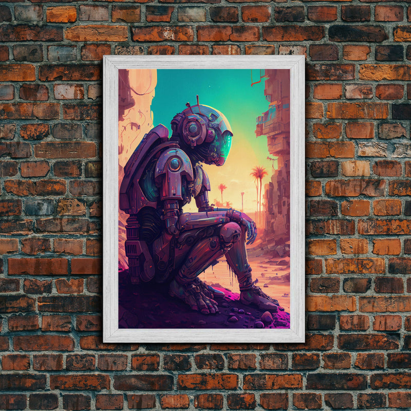 Android deep in thought, AI, fine art poster print