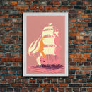 Pastel pirate ship, pink boat, vaporwave pirate ship, framed canvas print, framed wall art