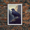Portrait of a raven in the mountains, crow art, framed canvas print, framed wall art