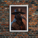Crow wearing a plague doctor mask, poster art, cool spooky fine art poster print