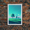 Retrowave landscape pixel art, soothing art, framed canvas print, light pastel sunset