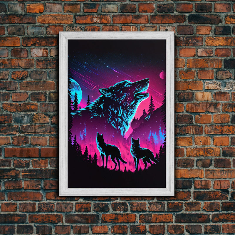 Wolves Howling at the moon, 3 wolf moon, framed canvas print, vaporwave art, Animal art, predator art