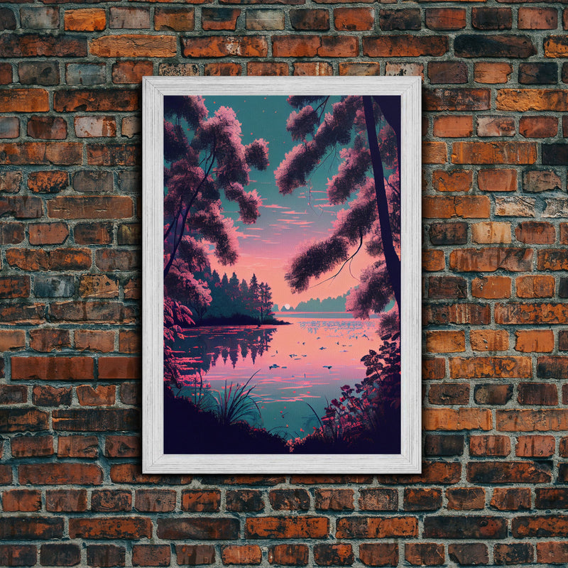 Beautiful Sunset over the lake, My Secret Spot, framed canvas print, Pinkwave retro style landscape art