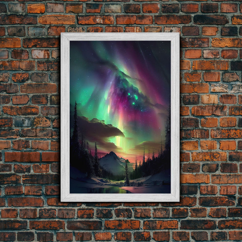 Aurora Borealis, Northern Lights Art, framed canvas print, snow capped mountain landscape art