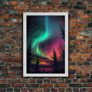 Aurora Borealis, Northern Lights Art, framed canvas print, snow capped mountain landscape art