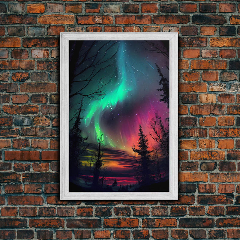 Aurora Borealis, Northern Lights Art, framed canvas print, snow capped mountain landscape art