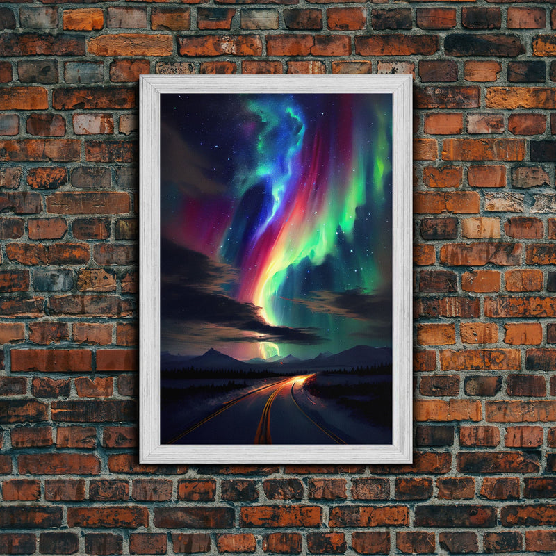 Winter road Under the Aurora Borealis, Northern Lights Art, framed canvas print, snow capped mountain landscape art