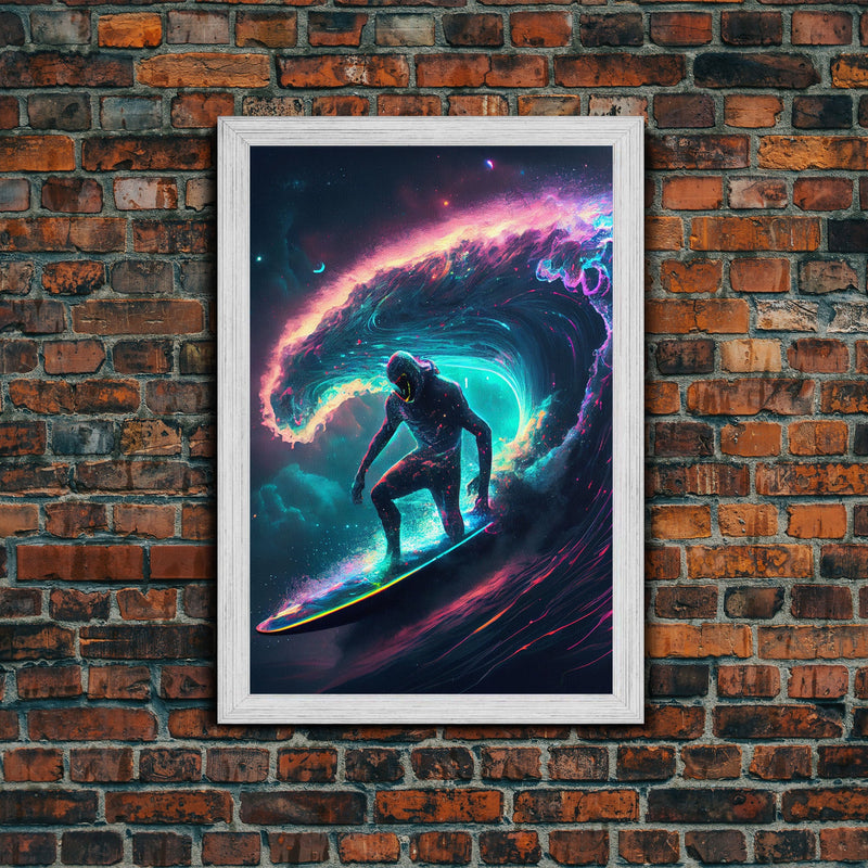 Astronaut surfing the stars, Cosmic Surfer, Galaxy Art, framed canvas print, unique colorful wall art