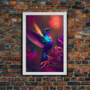 Hummingbird in flight, cute animal print, framed canvas print, colorful retro wave style art