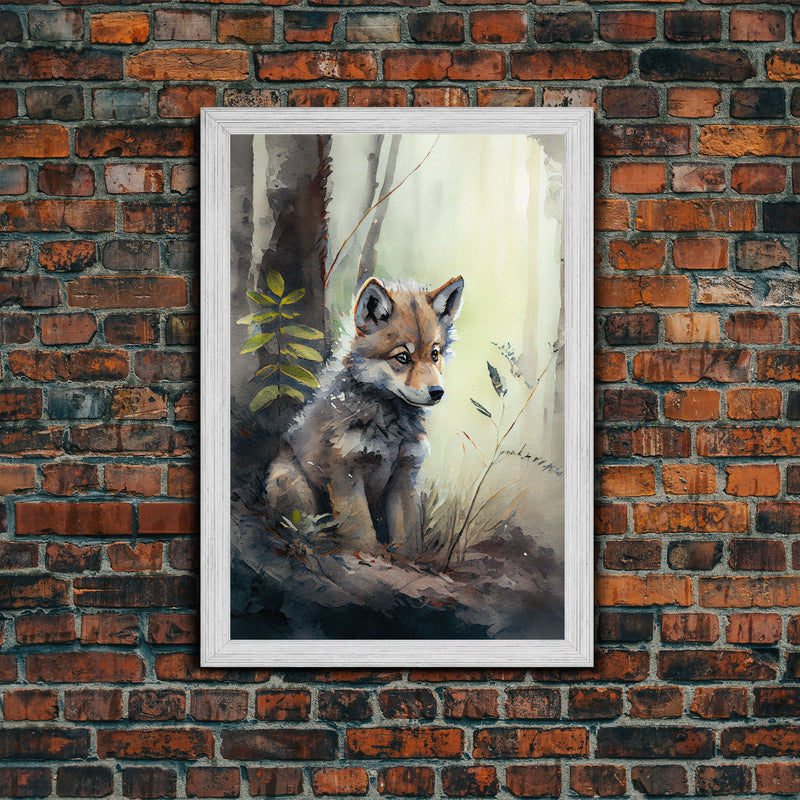 Watercolor of a wolf pup, framed canvas print