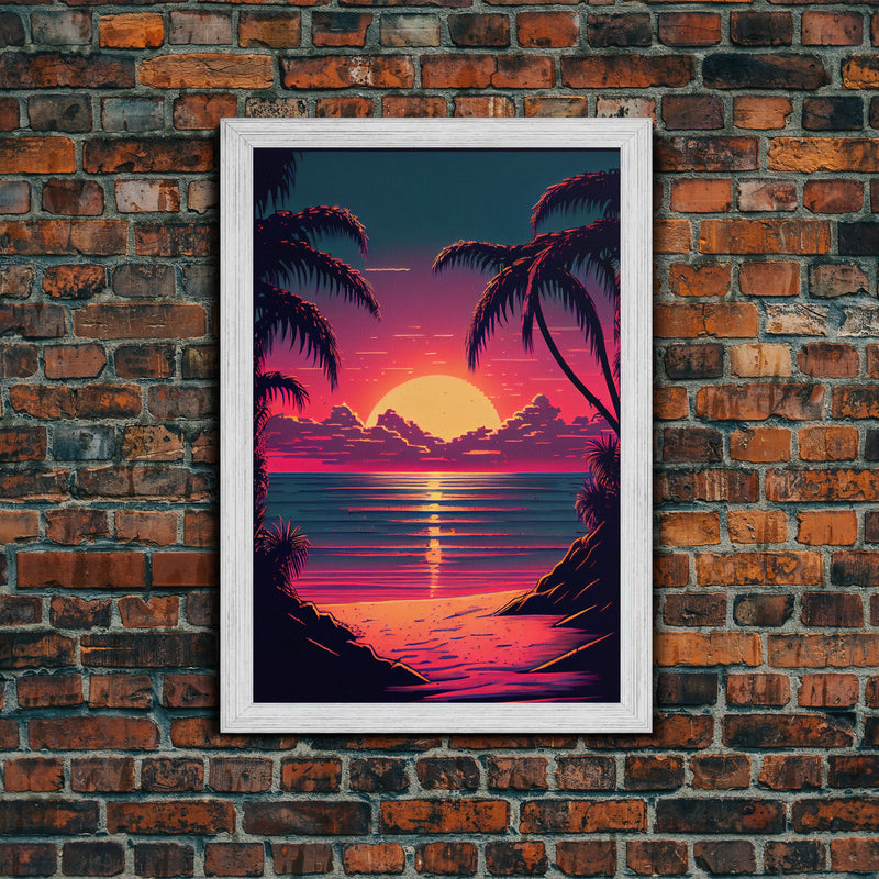 8 bit pixel art sunset, synthwave style palm tree beach, framed canvas print, framed wall art painting