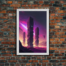 The Monoliths, Scifi art, retro synthwave style alien planet art, framed canvas print