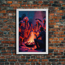 Wild West Decor, framed canvas print, Watercolor of Native Americans enjoying a campfire