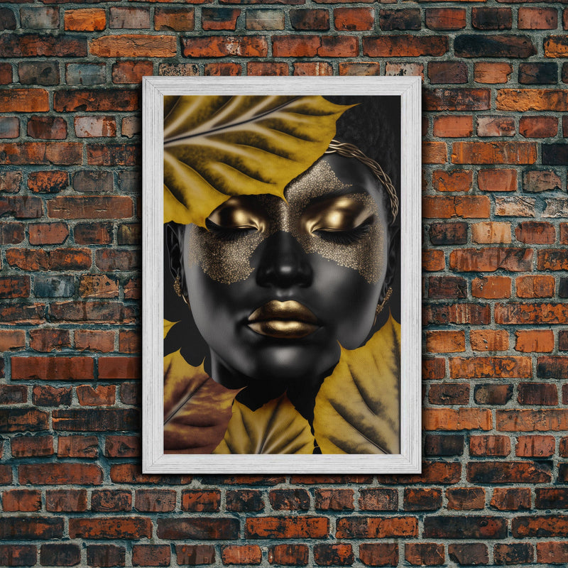 Beautiful Woman Art Framed Canvas Print Black Gold Woman Wall Art Lady Print, Gold Face Leaves Palm decor ready to hang Ethnic girl portrait