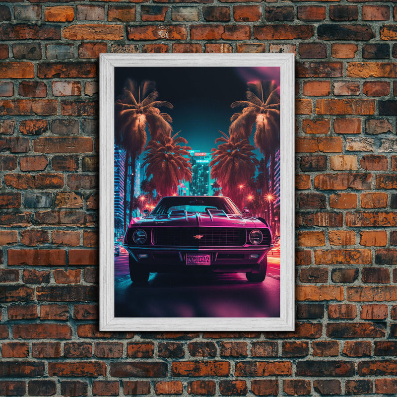 American Muscle Car on Sunset Strip, Retro Synthwave Art, Framed Canvas Print, Gift For Him, Muscle Car Art